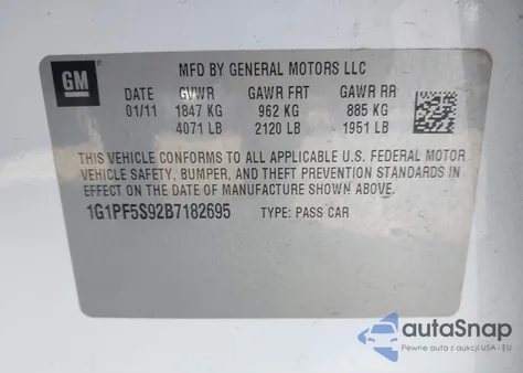 2011 Chevrolet Cruze 1Lt z USA, uszkodzony, nr VIN 1G1PF5S92B7182695